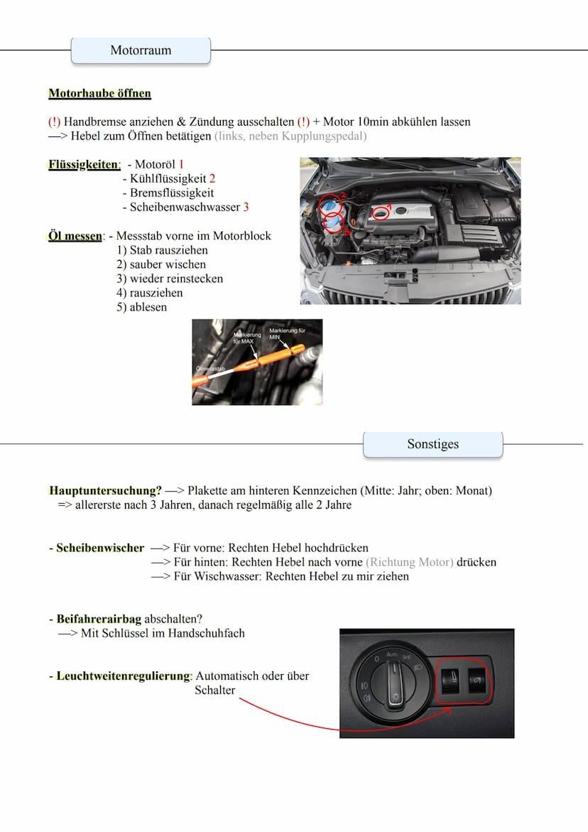 Beleuchtung
Beleuchtungen - vorne:
- Tagfahrlicht (automatisch direkt mit Zündung angeschaltet)
- Abblendlicht 1
Fragen in der praktischen P