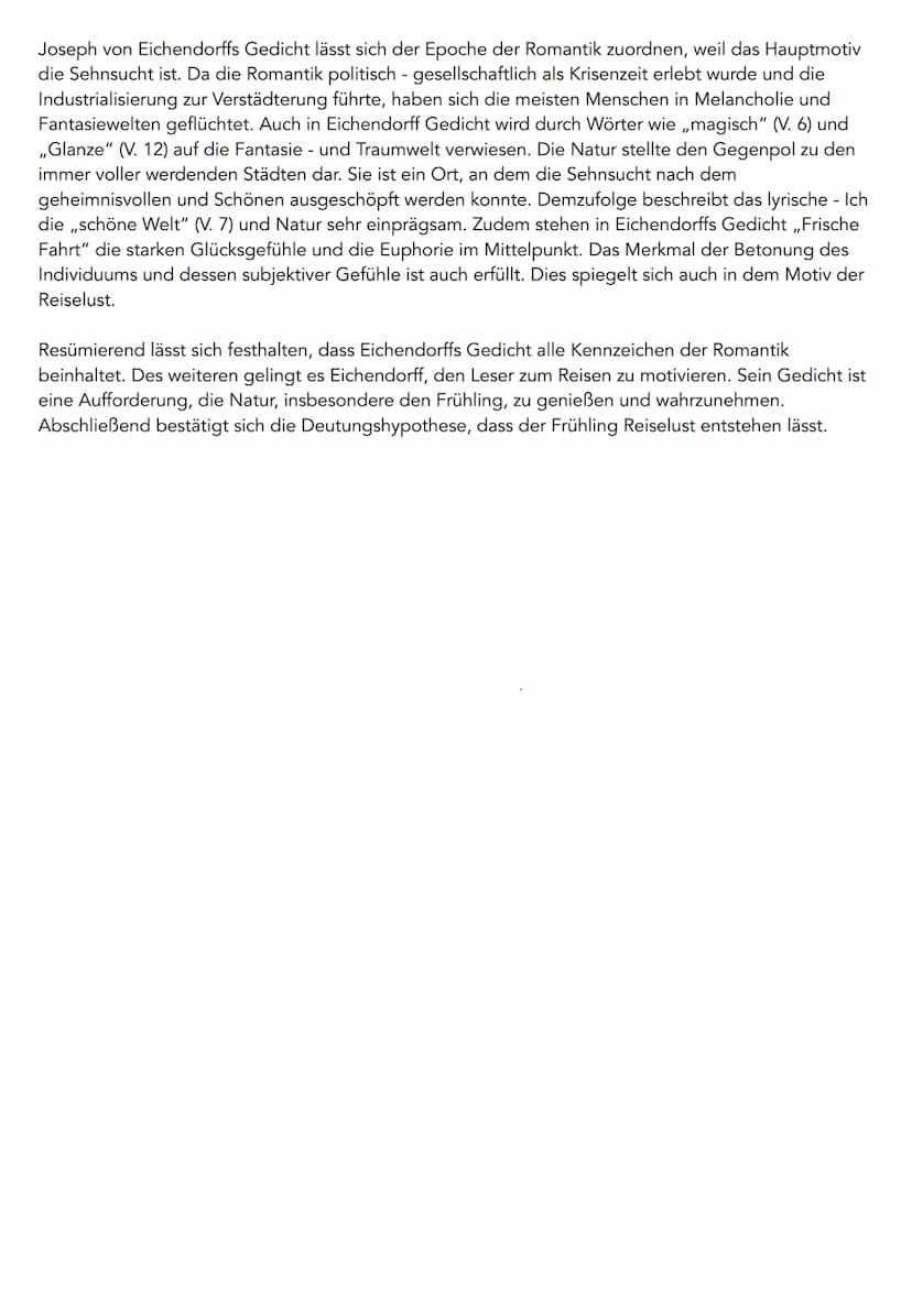 GEDICHTSANALYSE
Freche Fahrt Joseph von Exhandariffs
Das Gedicht ,,Frische Fahrt" von Joseph von Eichendorff
aus der Epoche der Romantik, er