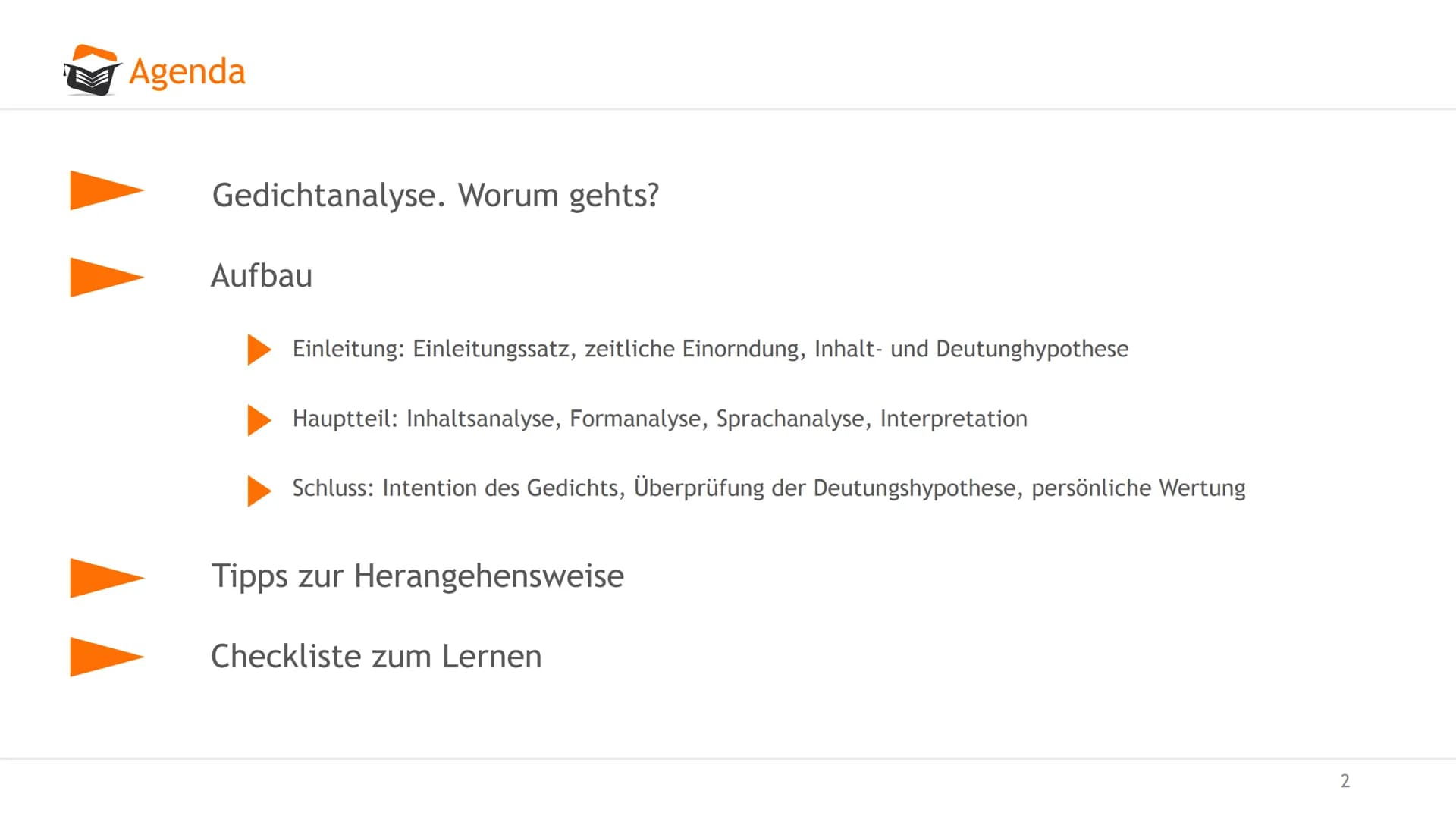 Gedichtanalyse
Angelika Dachtler
O examio
1 Agenda
Gedichtanalyse. Worum gehts?
Aufbau
Einleitung: Einleitungssatz, zeitliche Einorndung, In