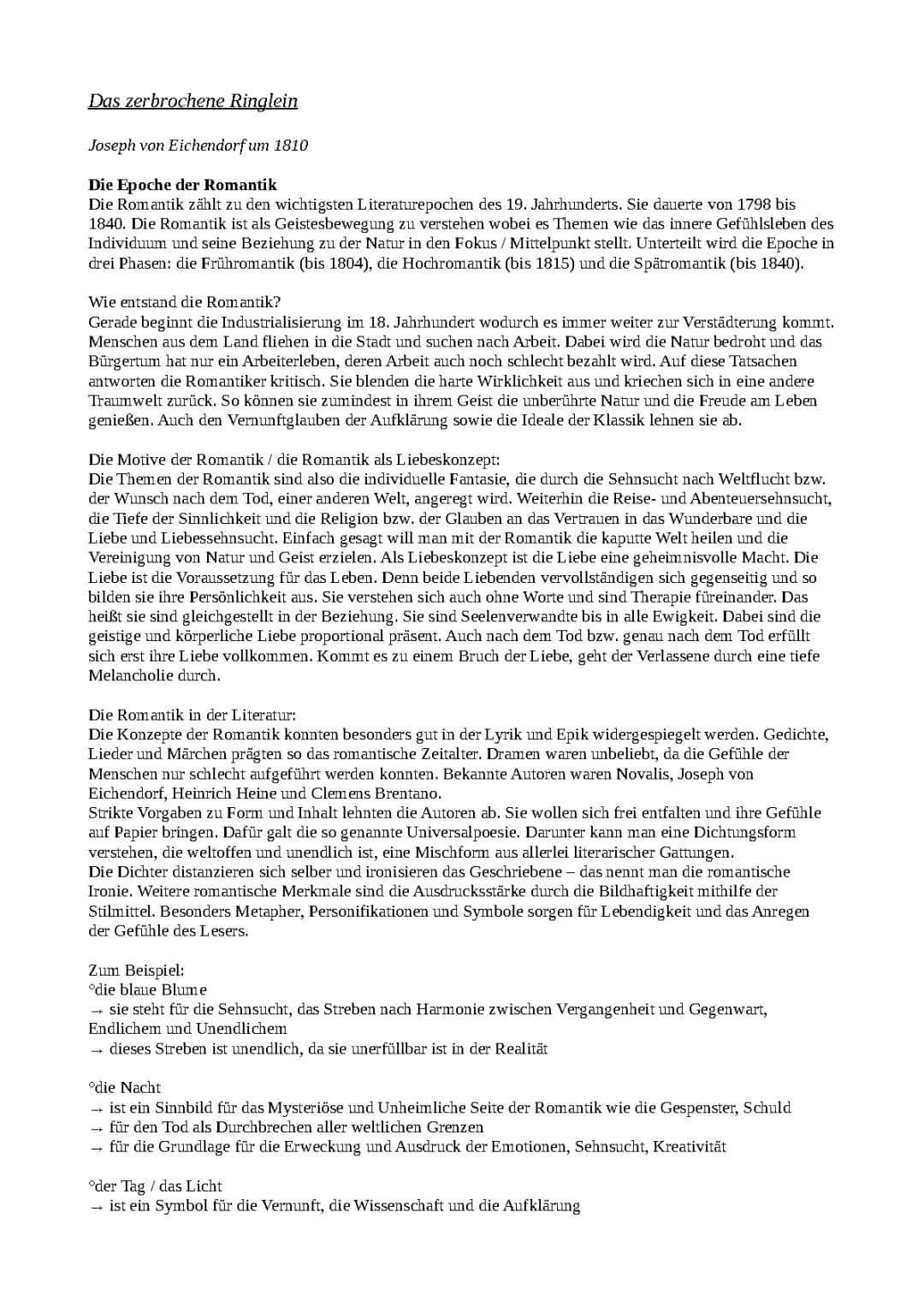 Romantik, Gedichtinterpretation  „das zerbrochene Ringlein“