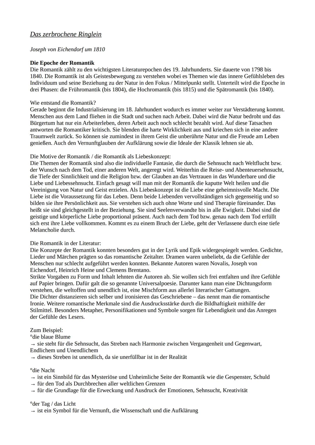 Das zerbrochene Ringlein
Joseph von Eichendorf um 1810
Die Epoche der Romantik
Die Romantik zählt zu den wichtigsten Literaturepochen des 19