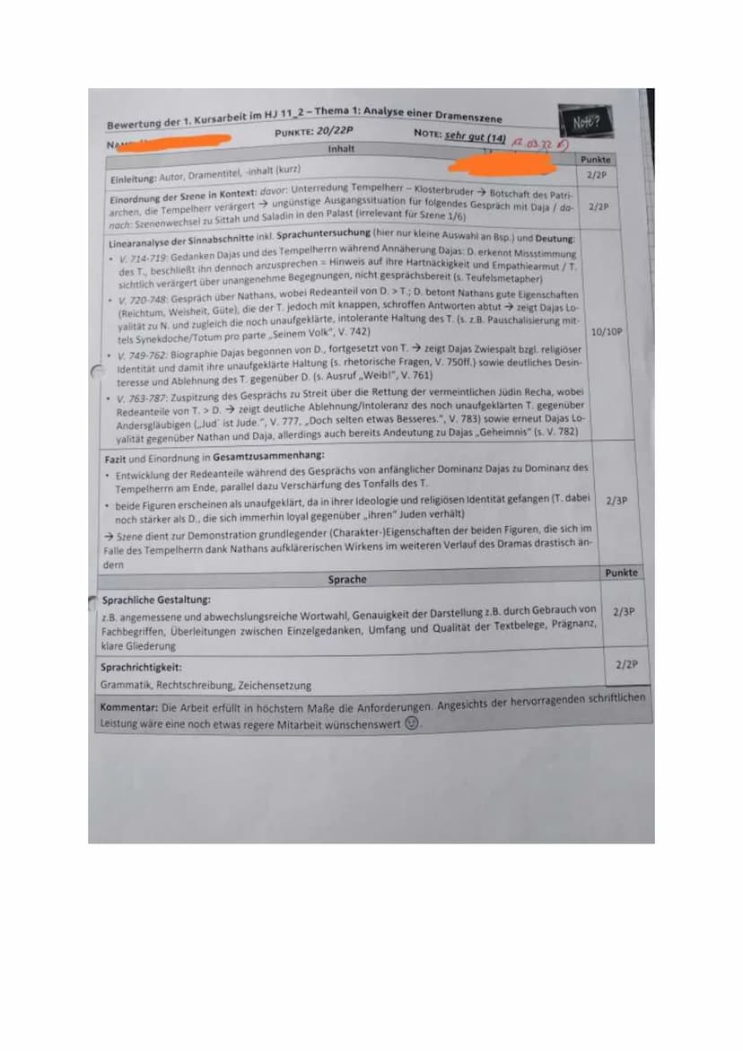 GK 11 De KD
3. Kursarbeit
14.02.22
Thema 1) Analysiere den 6. Auftritt im 1. Aufzug (V. 714-787) des Dramas „Nathan der
Weise".
ODER
Thema 2