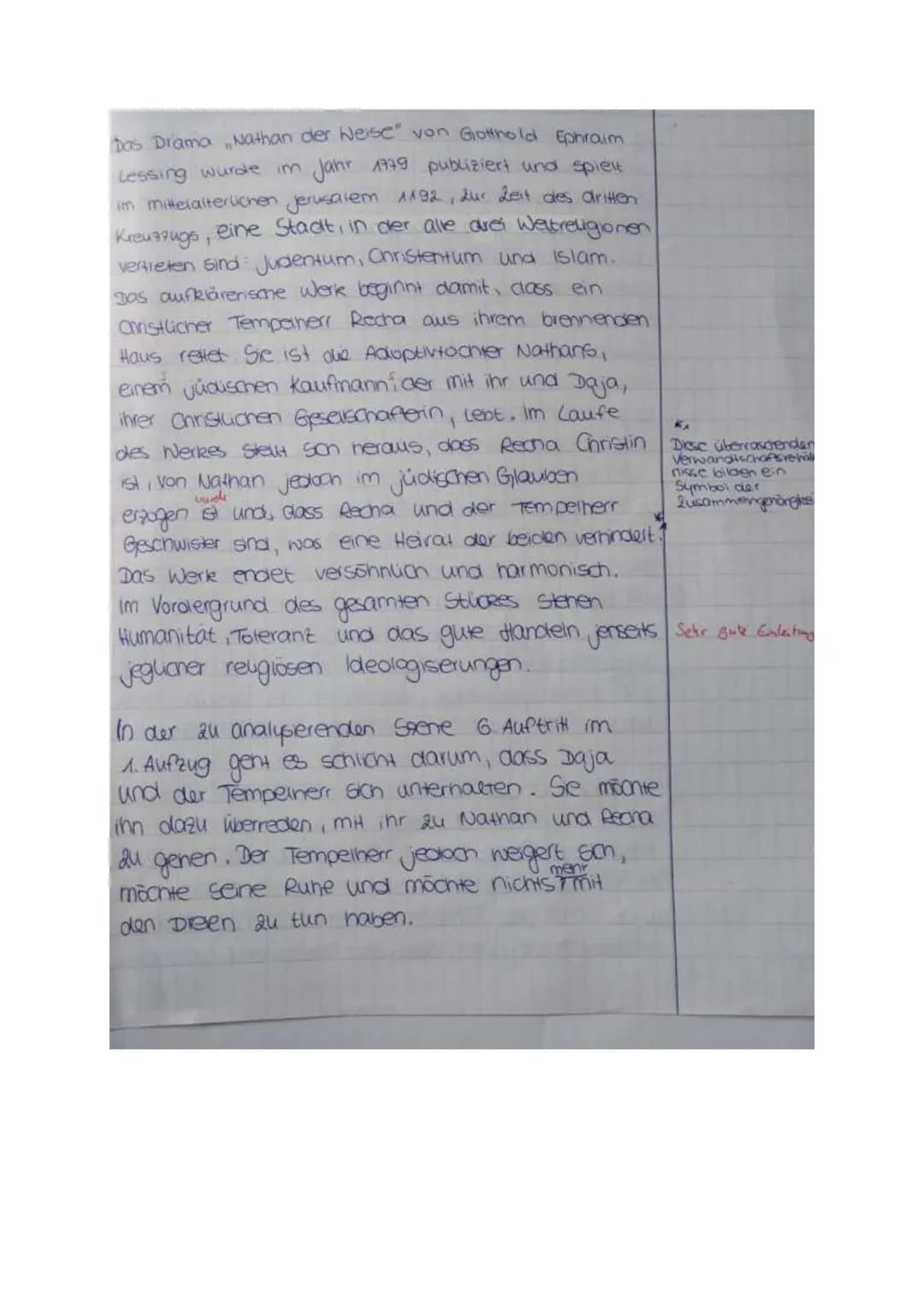 GK 11 De KD
3. Kursarbeit
14.02.22
Thema 1) Analysiere den 6. Auftritt im 1. Aufzug (V. 714-787) des Dramas „Nathan der
Weise".
ODER
Thema 2
