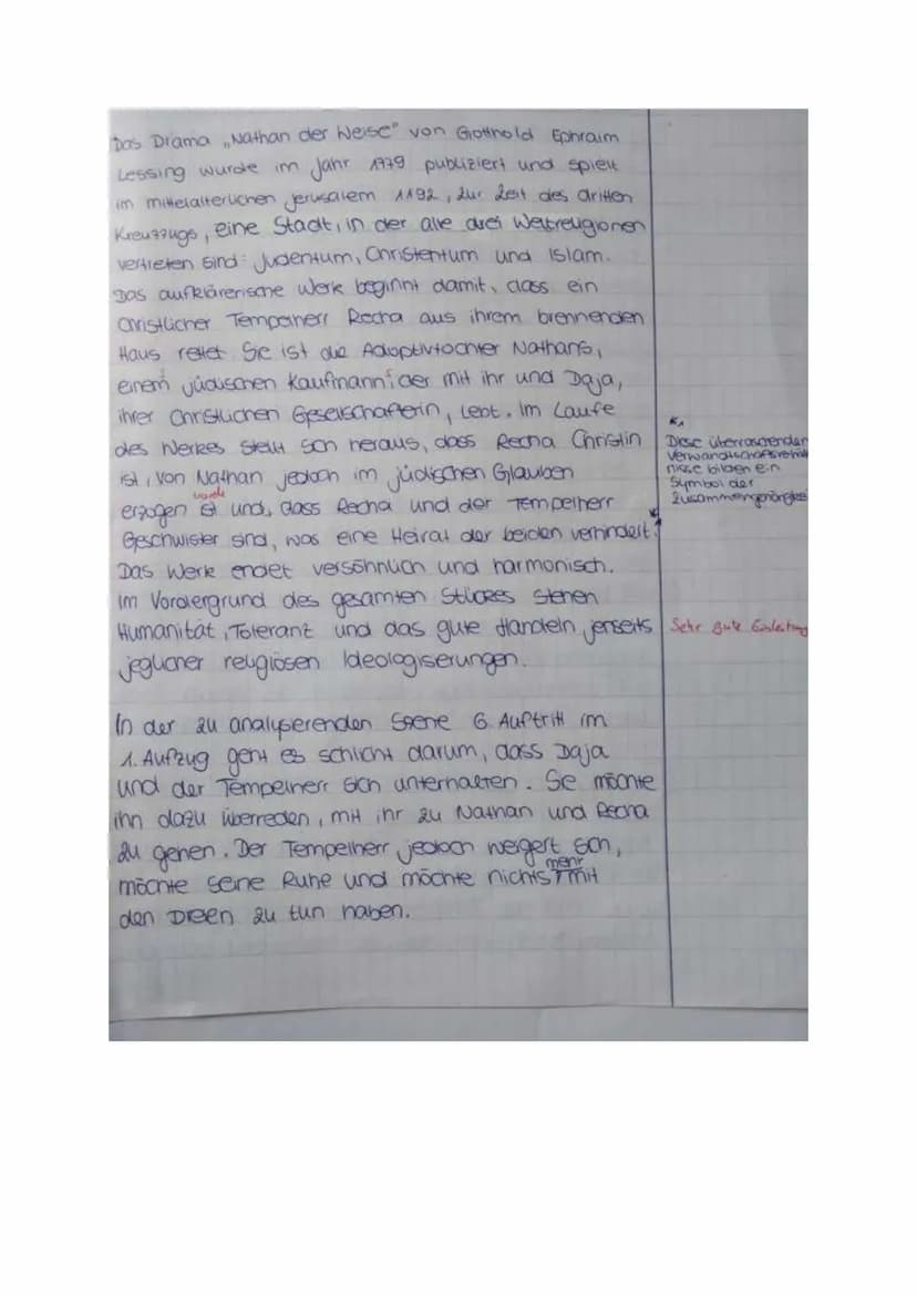 GK 11 De KD
3. Kursarbeit
14.02.22
Thema 1) Analysiere den 6. Auftritt im 1. Aufzug (V. 714-787) des Dramas „Nathan der
Weise".
ODER
Thema 2