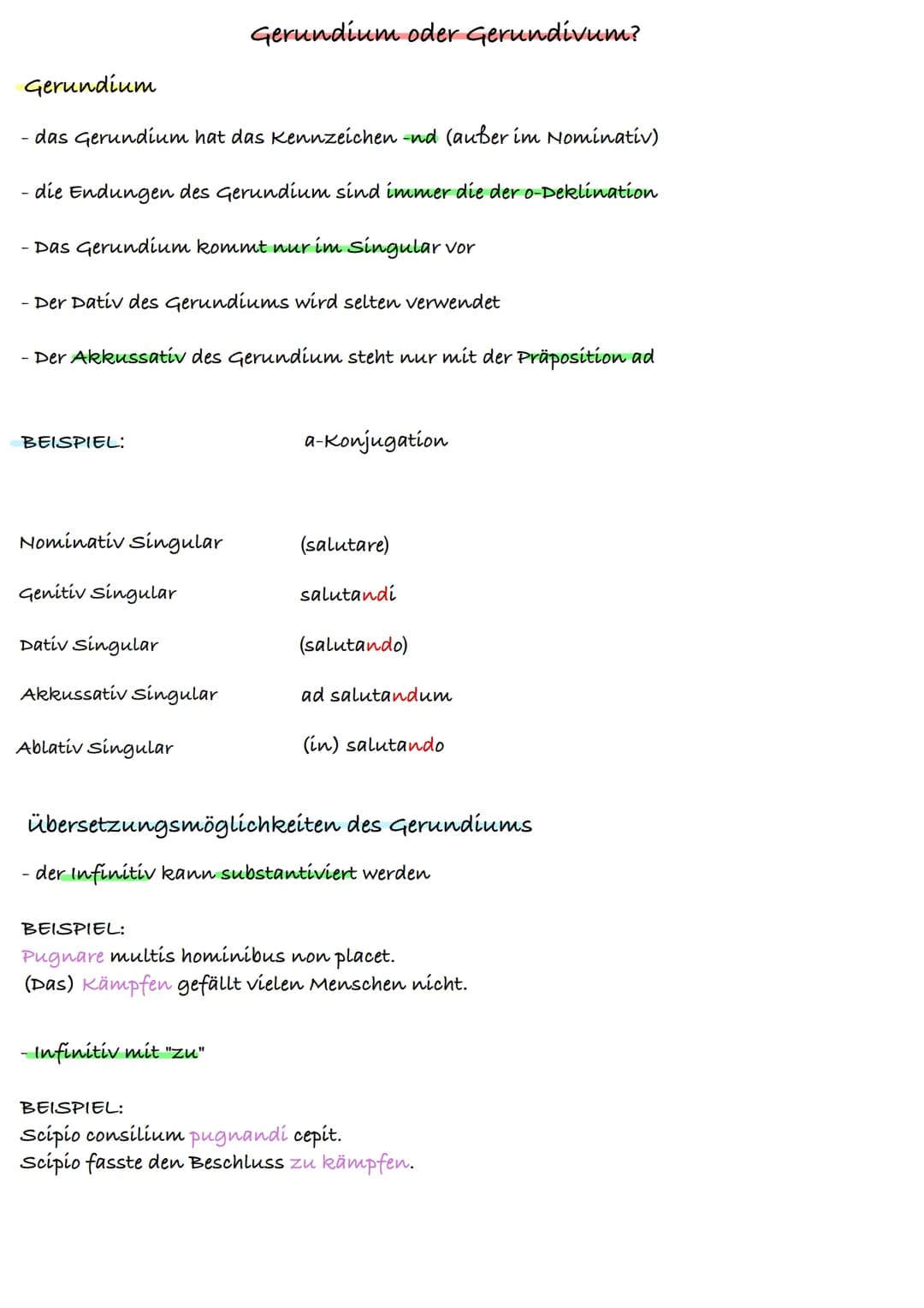 Gerundium
- das Gerundium hat das Kennzeichen -nd (auber im Nominatív)
- die Endungen des Gerundium sind immer die der o-Deklination
- Das G