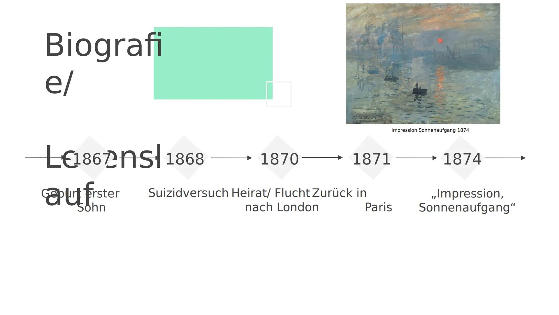 Mone
t
Mitbegründer des
Impressionismus Gliederu
ng
01
02
Biografie/ Geschichtliche
Lebenslauf
r Kontext
03
Typische
künstlerische
Merkmale
