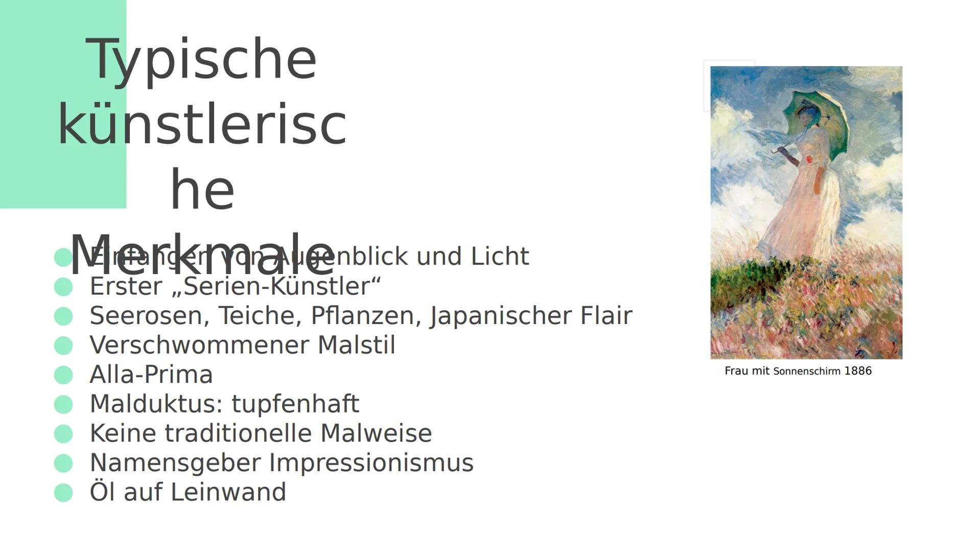 Mone
t
Mitbegründer des
Impressionismus Gliederu
ng
01
02
Biografie/ Geschichtliche
Lebenslauf
r Kontext
03
Typische
künstlerische
Merkmale
