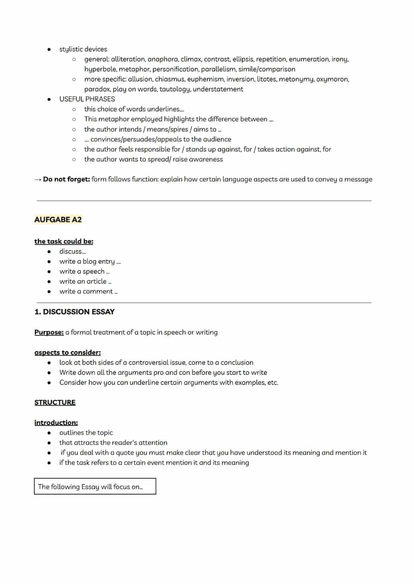 Englisch Abitur
AUFGABE A1
the task could be:
●
●
ANALYSIS & SUMMARY
aspects to consider:
●
●
structure:
introduction:
Sum up the informatio