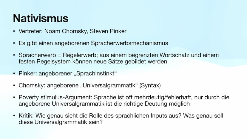 Die Spracherwerbstheorien
Behaviorismus, Nativismus, Kognitivismus, Interaktionismus
Von Lilia und Sarah Inhaltsverzeichnis
Spracherwerbsthe