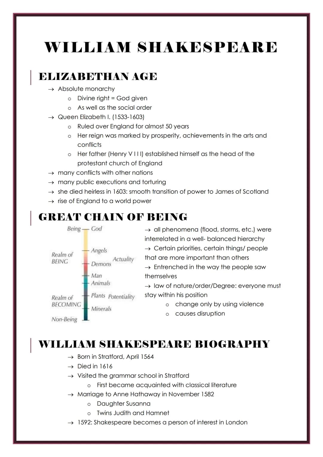 WILLIAM SHAKESPEARE
ELIZABETHAN AGE
→ Absolute monarchy
O Divine right God given
O
As well as the social order
→ Queen Elizabeth I. (1533-16