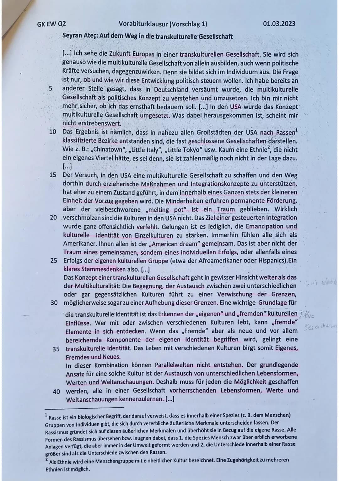 GK EW Q2
Name:
Abiturvorklausur (Vorschlag 1)
Aufgabenstellung:
Quelle:
Seyran Ates: Der Multikulti-Irrtum. Wie wir in Deutschland besser zu