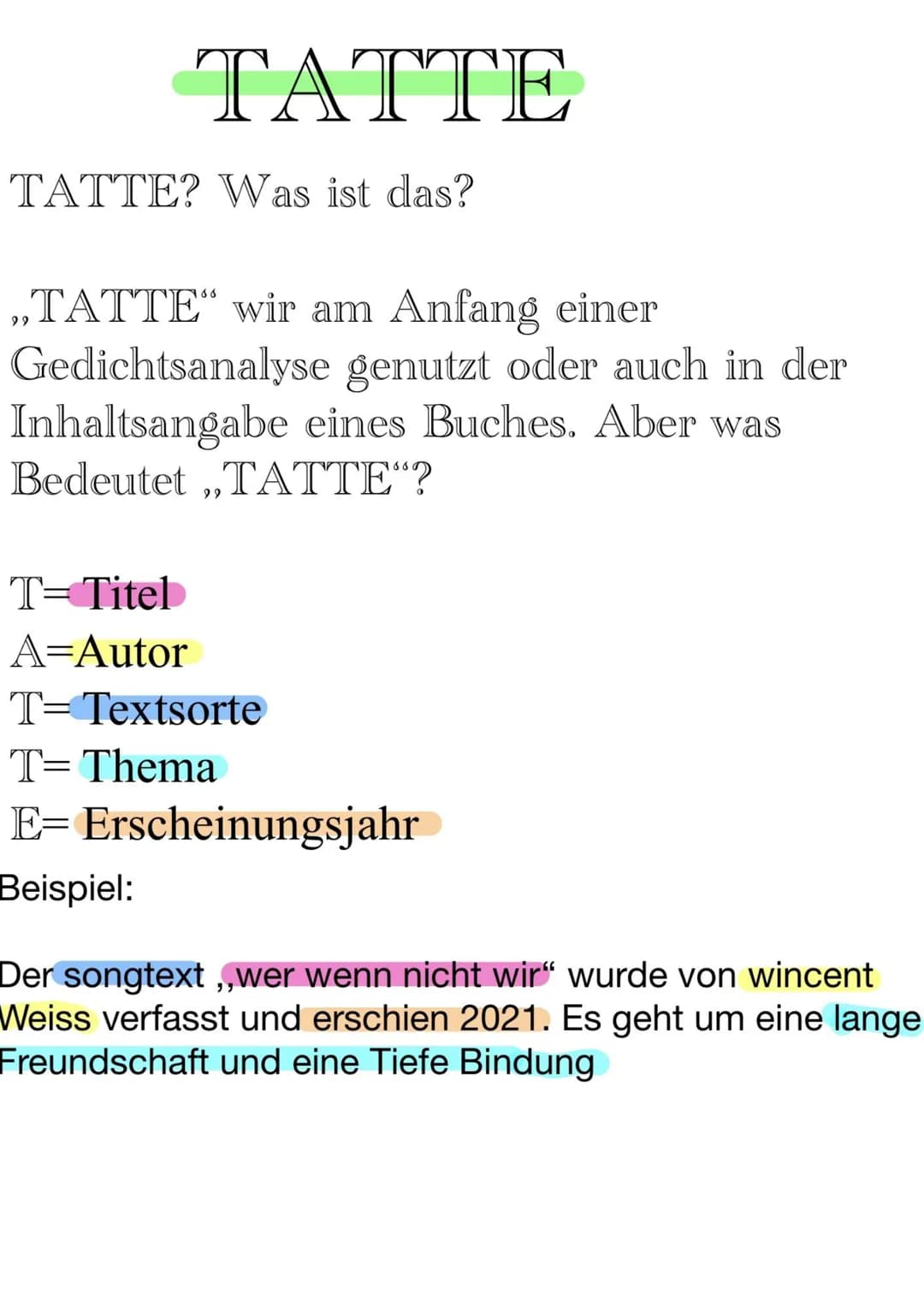 TATTE? Was ist das?
TATTE
,,TATTE" wir am Anfang einer
Gedichtsanalyse genutzt oder auch in der
Inhaltsangabe eines Buches. Aber was
Bedeute