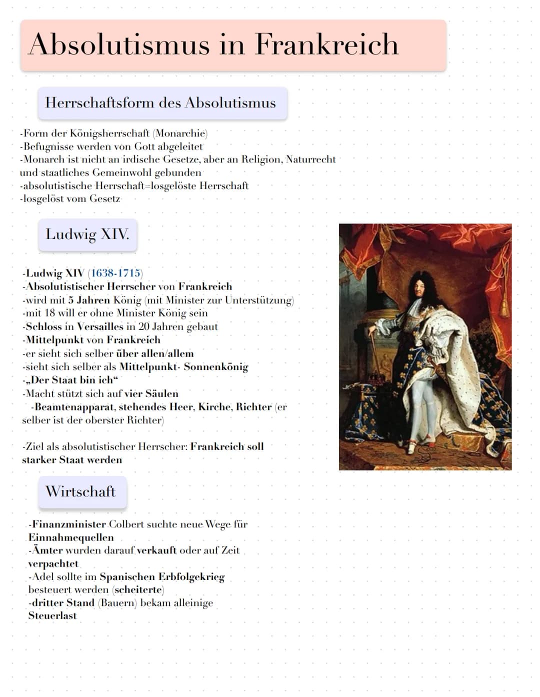 Absolutismus in Frankreich
Herrschaftsform des Absolutismus
-Form der Königsherrschaft (Monarchie)
- Befugnisse werden von Gott abgeleitet
-