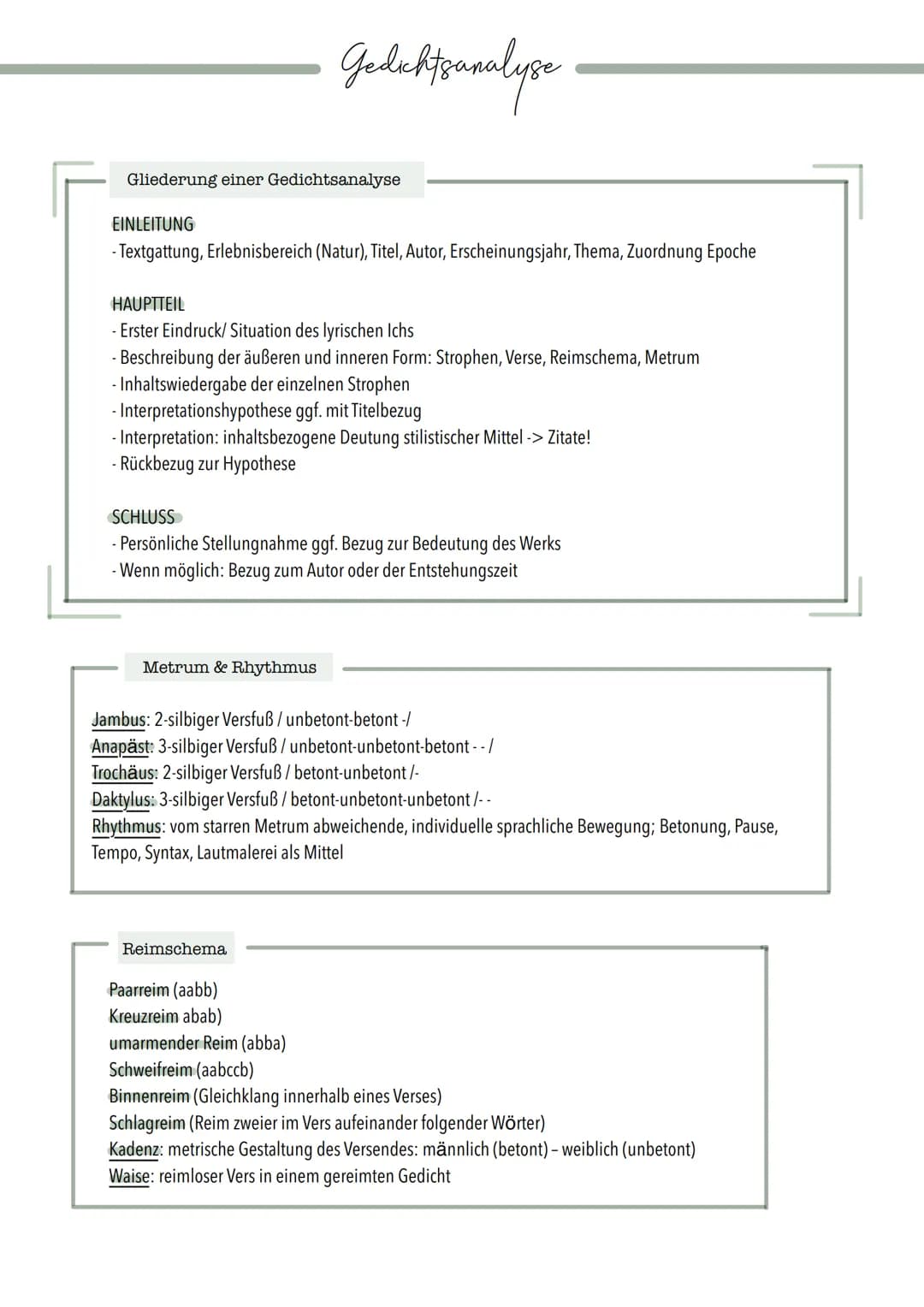 Gliederung einer Gedichtsanalyse
EINLEITUNG
- Textgattung, Erlebnisbereich (Natur), Titel, Autor, Erscheinungsjahr, Thema, Zuordnung Epoche
