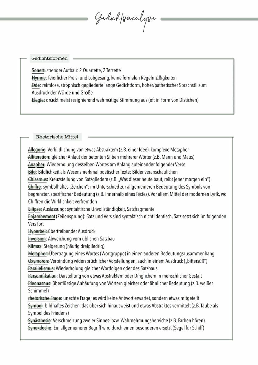 Gliederung einer Gedichtsanalyse
EINLEITUNG
- Textgattung, Erlebnisbereich (Natur), Titel, Autor, Erscheinungsjahr, Thema, Zuordnung Epoche
