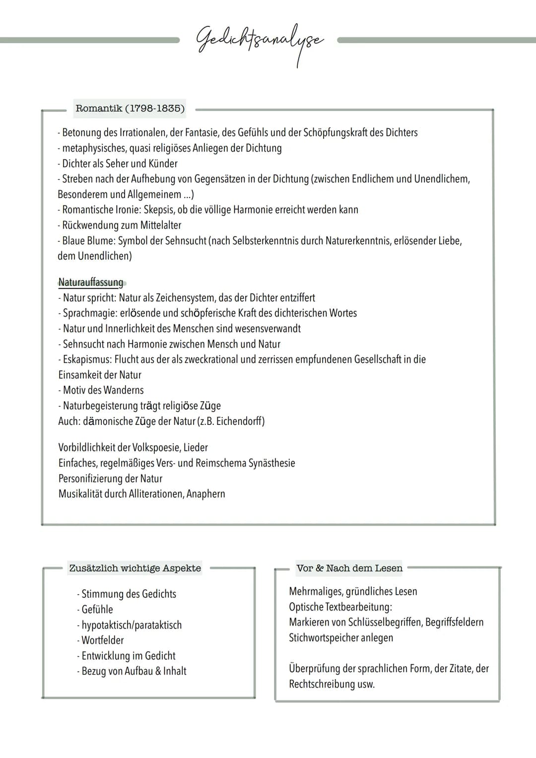 Gliederung einer Gedichtsanalyse
EINLEITUNG
- Textgattung, Erlebnisbereich (Natur), Titel, Autor, Erscheinungsjahr, Thema, Zuordnung Epoche
