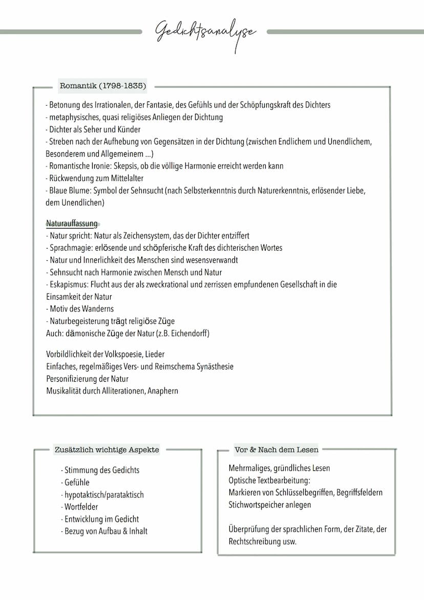 Gliederung einer Gedichtsanalyse
EINLEITUNG
- Textgattung, Erlebnisbereich (Natur), Titel, Autor, Erscheinungsjahr, Thema, Zuordnung Epoche
