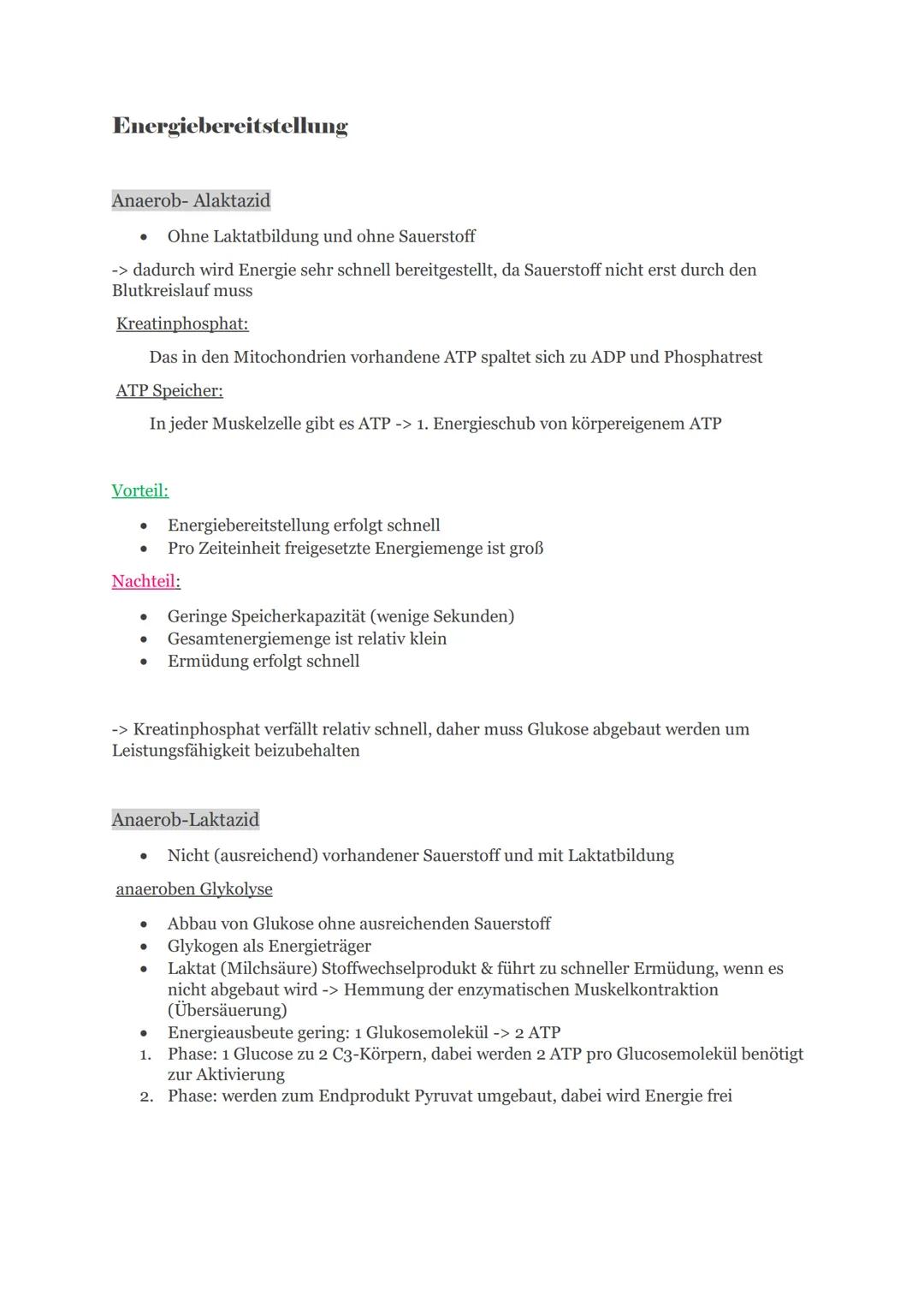 # Energiebereitstellung

Anaerob- Alaktazid

*   Ohne Laktatbildung und ohne Sauerstoff

-> dadurch wird Energie sehr schnell bereitgestellt