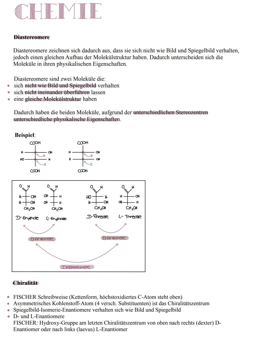 CHEMIE
Isomerie
Die Isomerie unterscheidet sich in:
• Der Molekülstruktur (Konstitutionsisomerie)
• Der Bindungsanordnung an einem Kohlensto