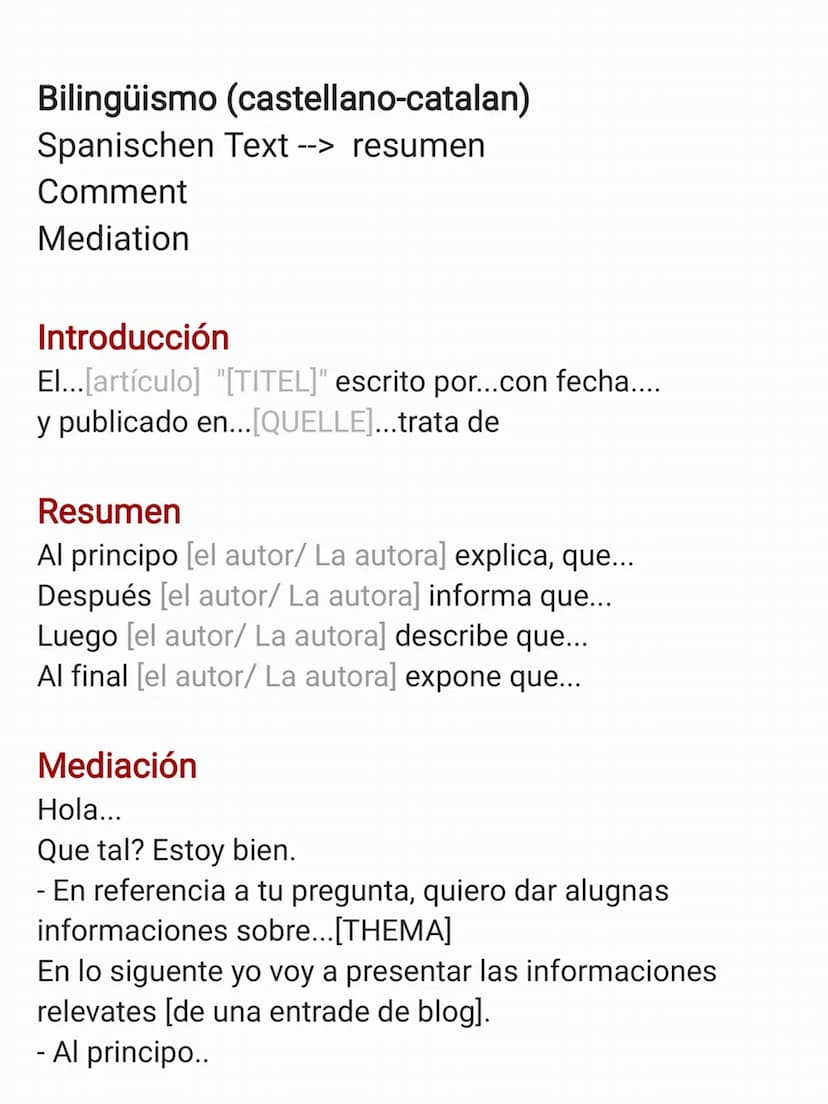 - Resumen / Einleitung, Inhalt, Schluss
W-Fragen
- Análisis / Präsens, 3te Form
Comentario / Argumente, Meinung
--> Mediación /
ZITIEREN
"Ho