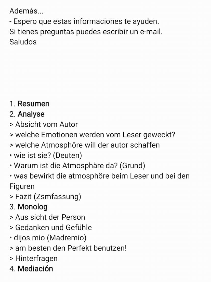 - Resumen / Einleitung, Inhalt, Schluss
W-Fragen
- Análisis / Präsens, 3te Form
Comentario / Argumente, Meinung
--> Mediación /
ZITIEREN
"Ho