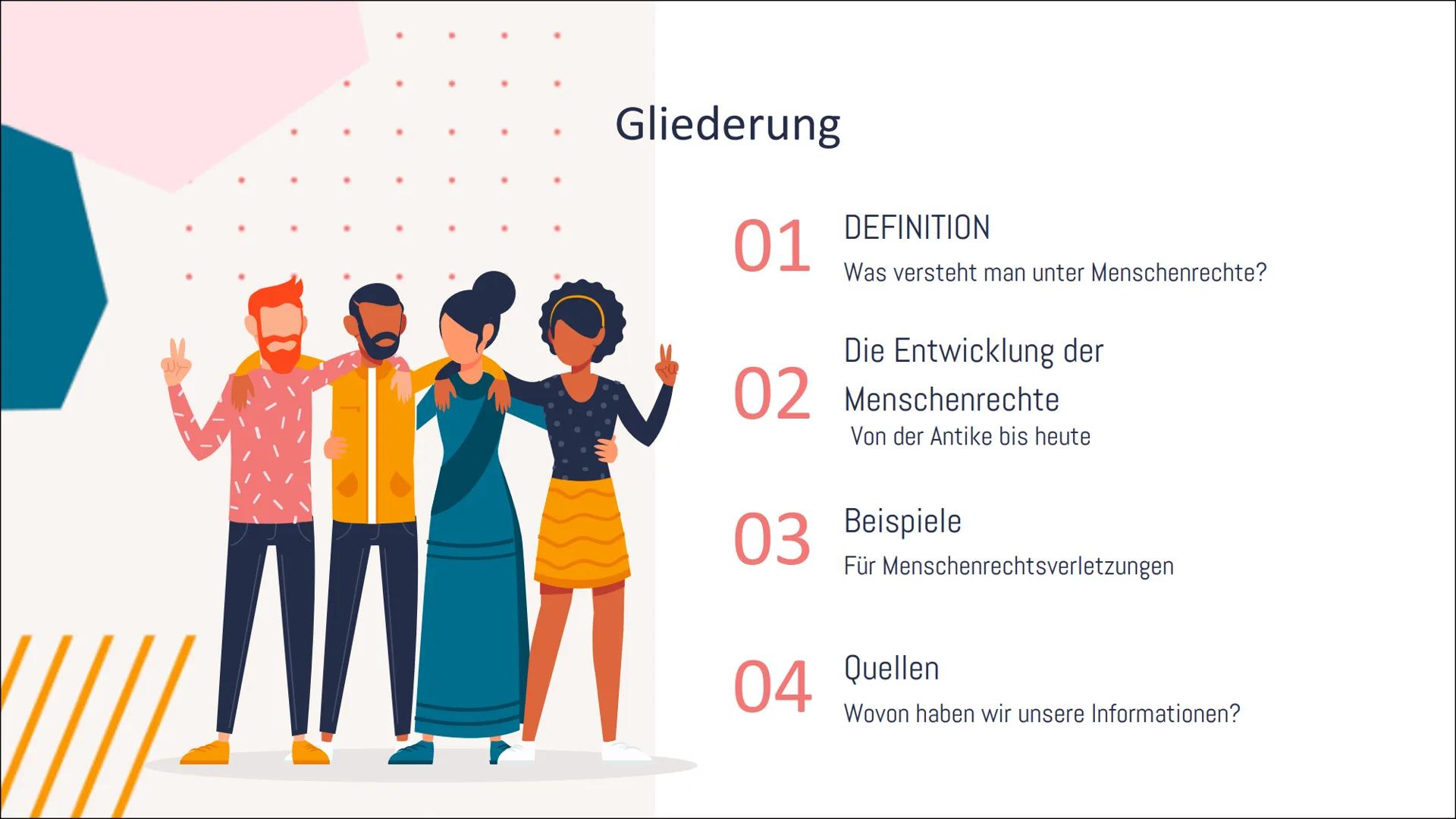 1/1
Menschenrechte
III. M
Gliederung
01
DEFINITION
Was versteht man unter Menschenrechte?
Die Entwicklung der
02 Menschenrechte
Von der Anti