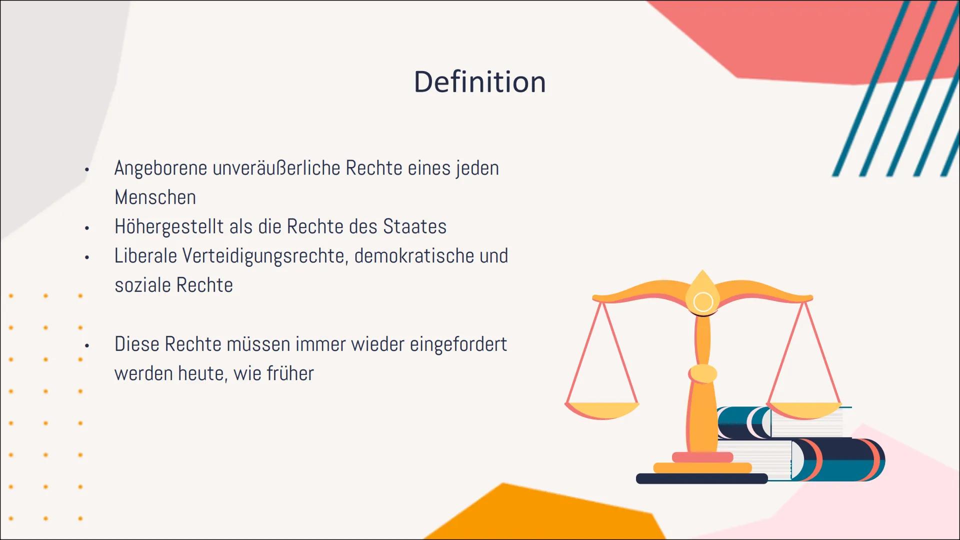 1/1
Menschenrechte
III. M
Gliederung
01
DEFINITION
Was versteht man unter Menschenrechte?
Die Entwicklung der
02 Menschenrechte
Von der Anti