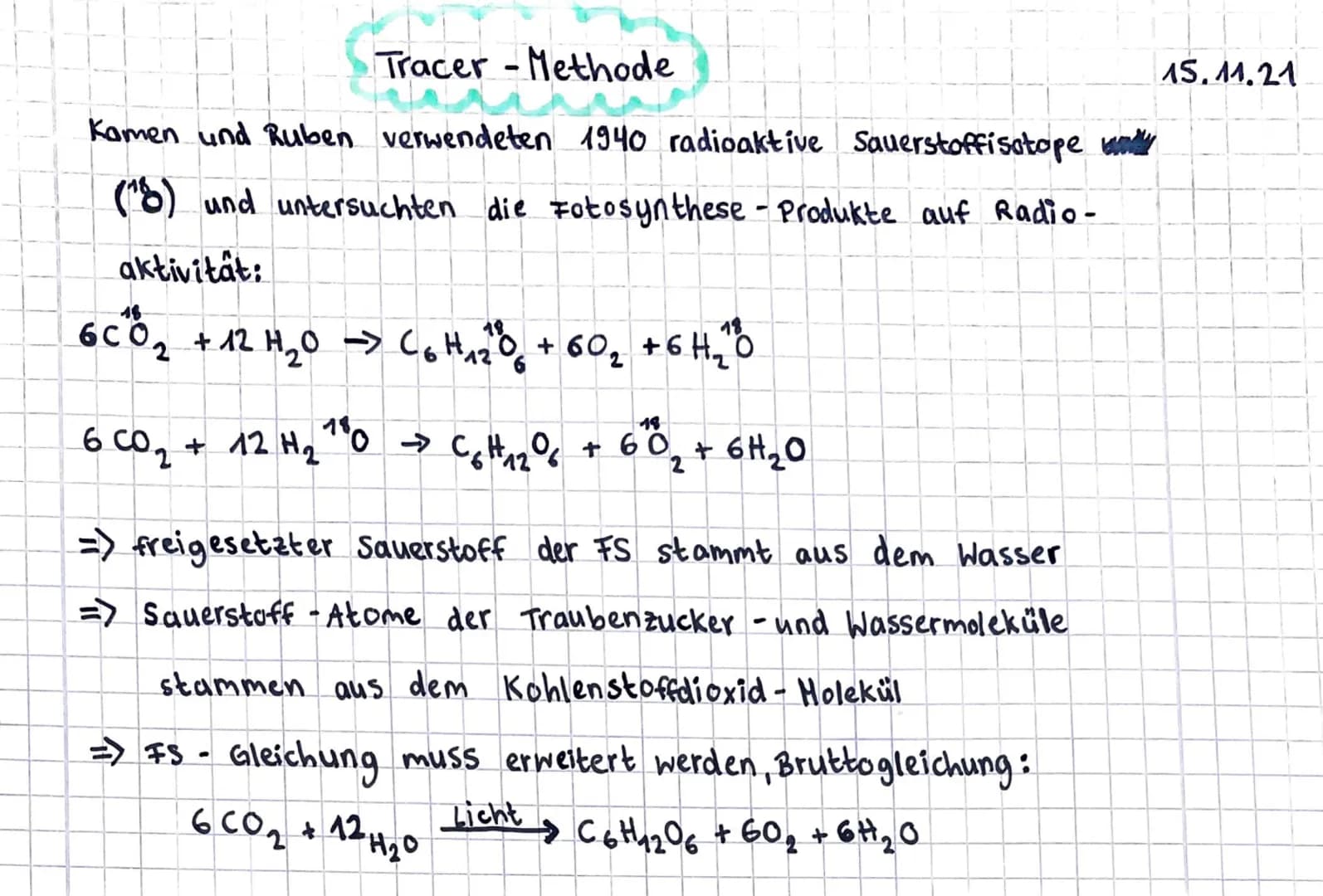Tracer-Methode
Kamen und Ruben verwendeten 1940 radioaktive Sauerstoffisotope d
(18) und untersuchten die Fotosynthese - Produkte auf Radio-