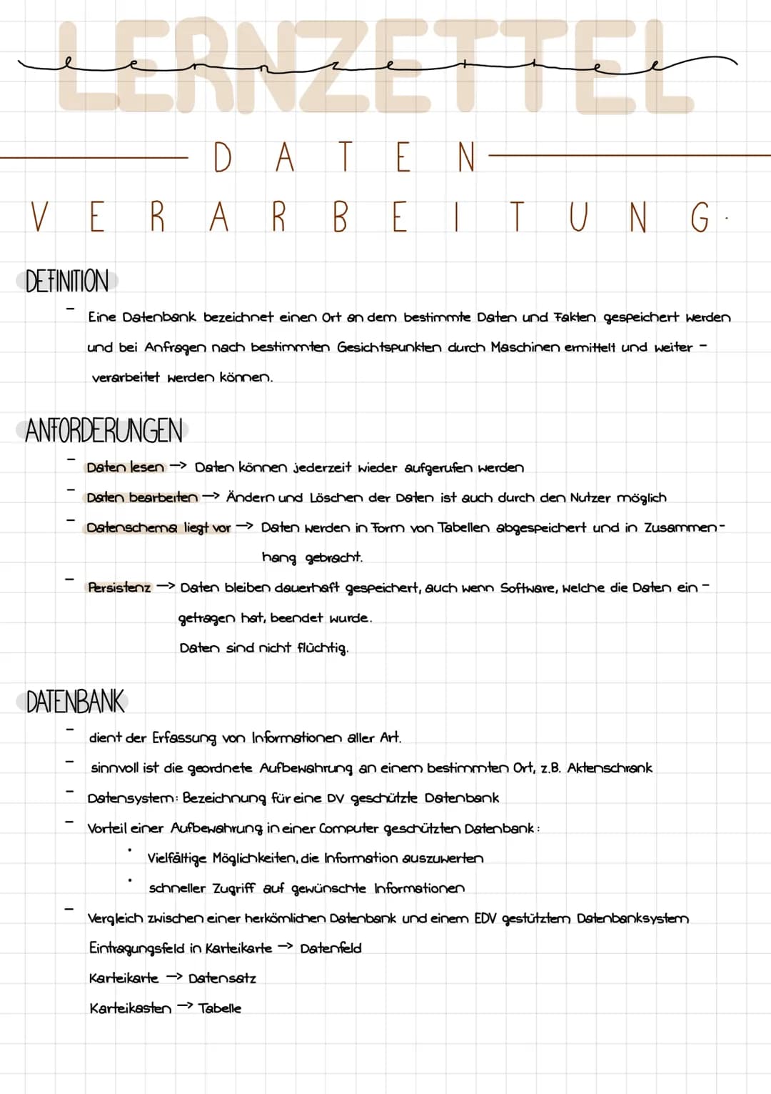 DATE
N
VERA R BEITUNG
DEFINITION
Eine Datenbank bezeichnet einen Ort an dem bestimmte Daten und Fakten gespeichert werden
und bei Anfragen n