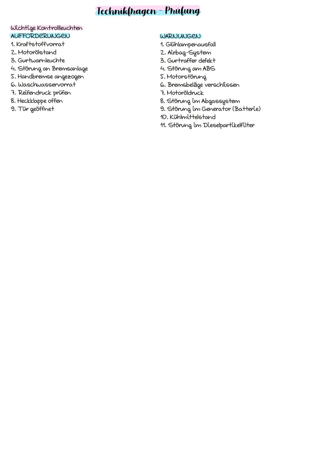 # Technikfragen - Phúfung

Beleuchtung
VORNE
1. Standlicht
2. Abblendlicht
3. Fernlicht
4. Nebelscheinwerfer
S. Blinker

HINTEN
1. Rückfahrl