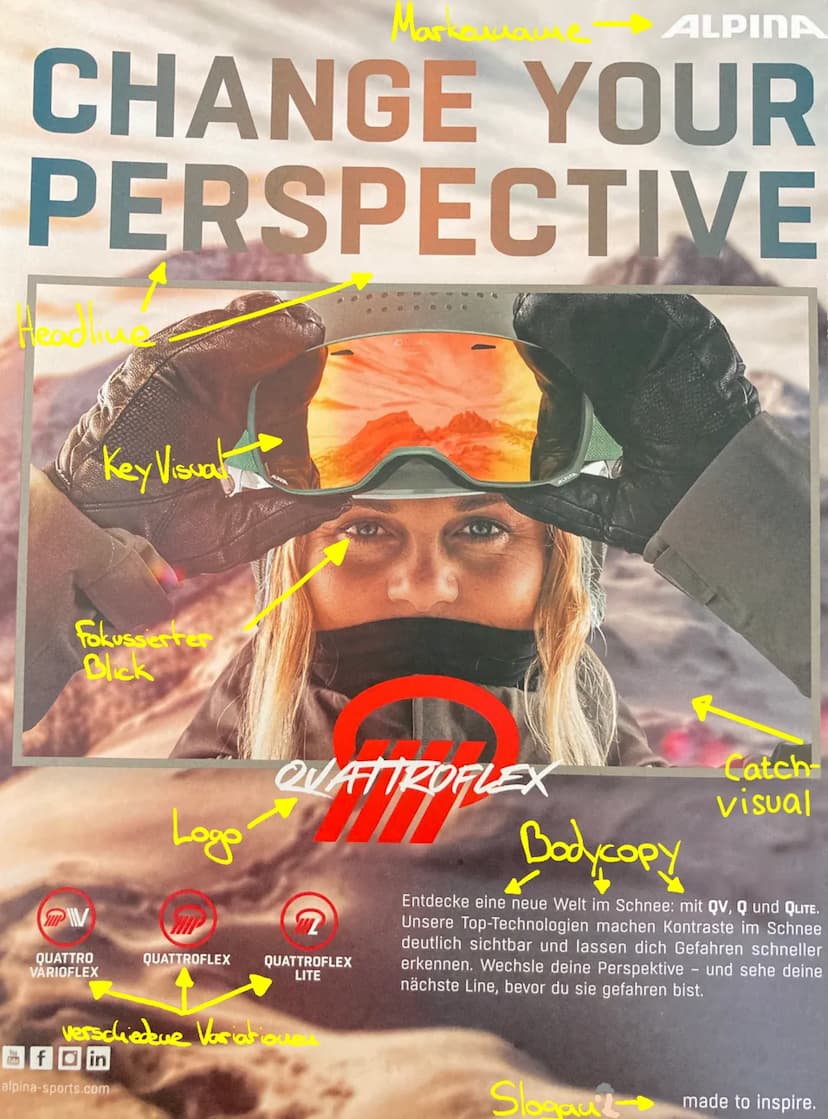 Kontext
Alpina Change your Perspective
alpina sports wirbt für eine Skibrille Sport Marke
Produktwerbung, informieren und regen zum Kauf an
