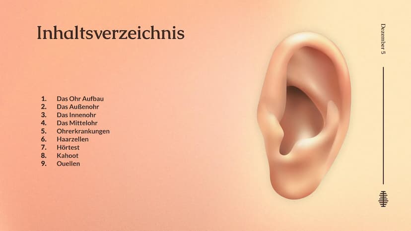Das Ohr
Das Ohr
von: Madita Harting und Sarina Rohani
November 22 Inhaltsverzeichnis
LE36789
1.
2.
3.
4.
5.
6.
7.
8.
9.
Das Ohr Aufbau
Das A