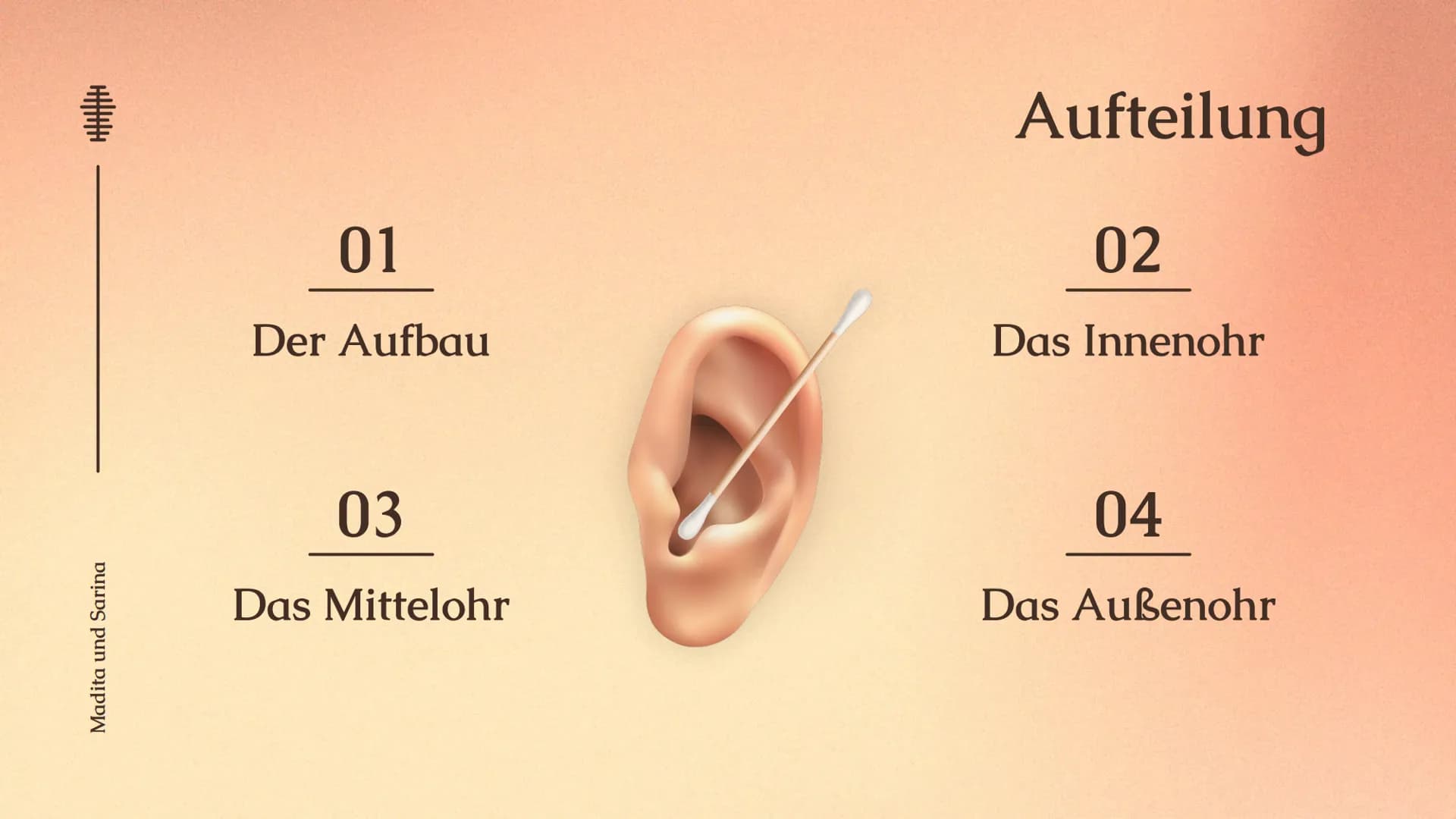 Das Ohr
Das Ohr
von: Madita Harting und Sarina Rohani
November 22 Inhaltsverzeichnis
LE36789
1.
2.
3.
4.
5.
6.
7.
8.
9.
Das Ohr Aufbau
Das A