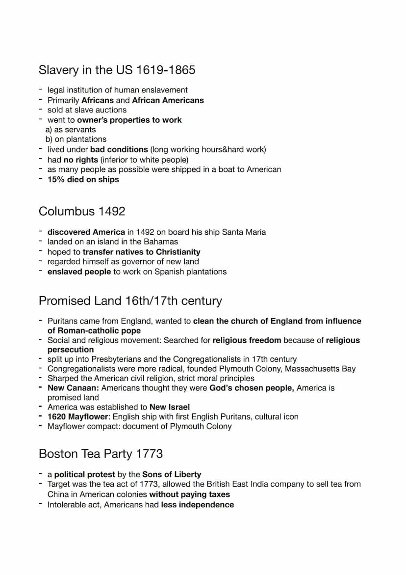 American Dream
Slavery in the US 1619-1865
Columbus 1492
Promised Land 16th/17th century
Boston Tea Party 1773
Declaration of Independence 1