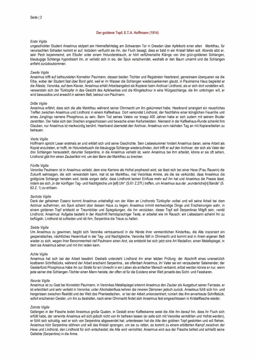 Seite | 1
1. Halbjahr: Literatur und Sprache um 1800; Gegenwelten in der Romantik; Drama und Kommunikation
KUNSTMÄRCHEN
alleinstehende Merkm