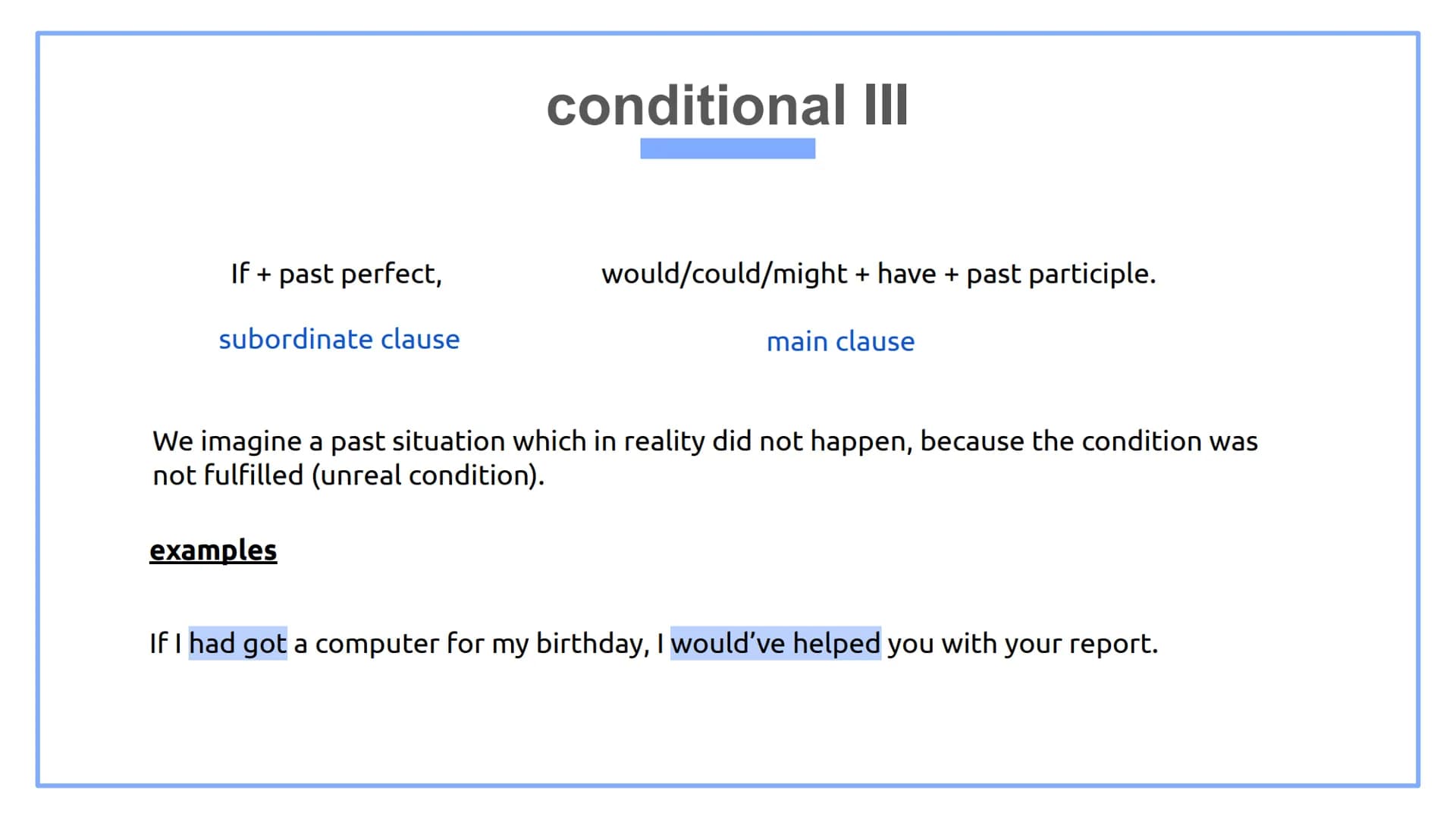 MARLEN
conditionals in the English language
EN11/1
15TH NOVEMBER 2021 1
2
3
4
contents
conditional I
conditional I
conditional II
shortened 