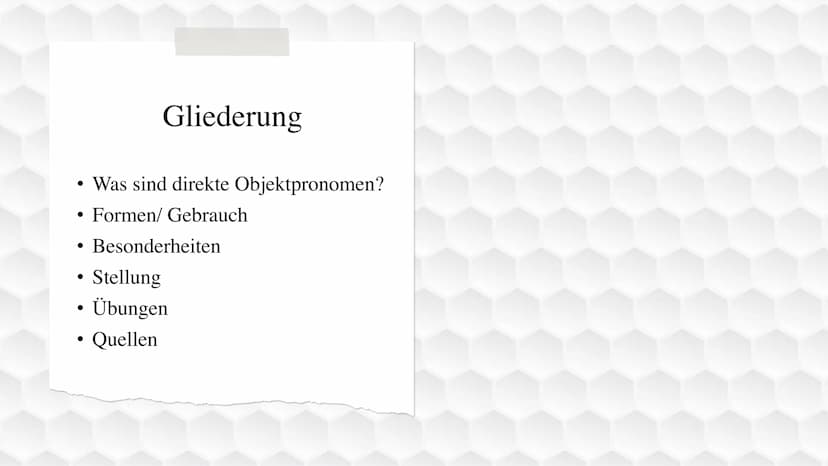L'objet direct
Das direkte Objekt/
Die direkten
Objektpronomen ●
●
●
●
Gliederung
Was sind direkte Objektpronomen?
Formen/ Gebrauch
Besonder