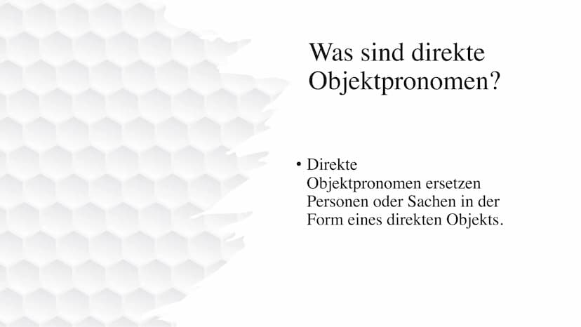 L'objet direct
Das direkte Objekt/
Die direkten
Objektpronomen ●
●
●
●
Gliederung
Was sind direkte Objektpronomen?
Formen/ Gebrauch
Besonder