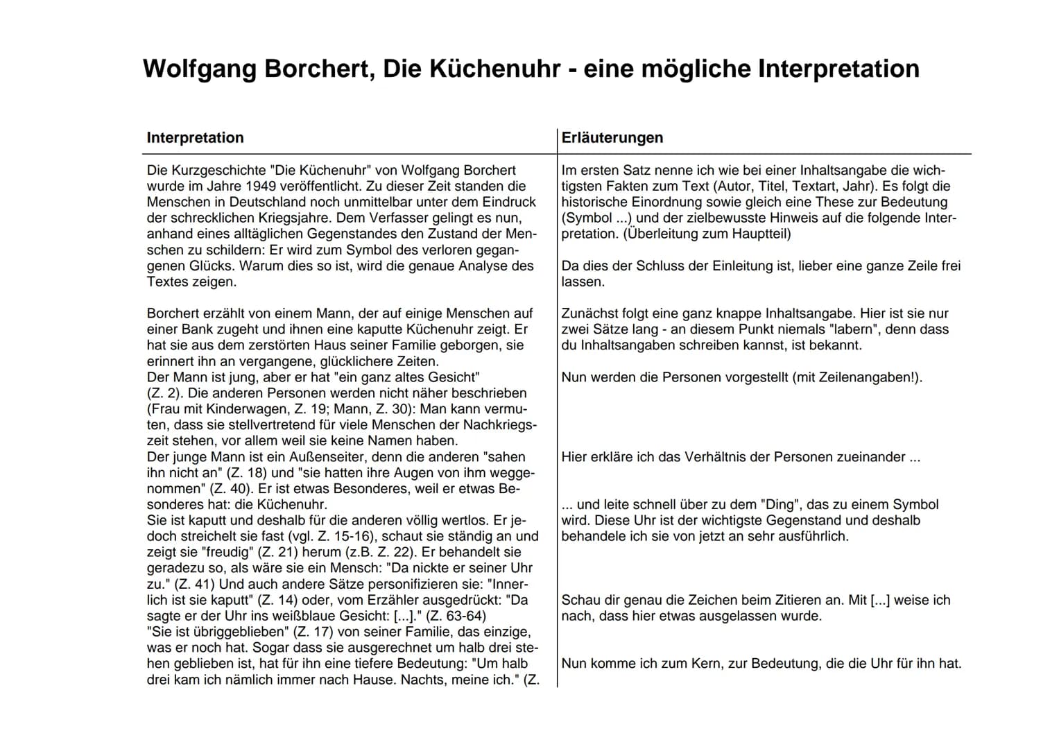 Wolfgang Borchert, Die Küchenuhr - eine mögliche Interpretation
Interpretation
Die Kurzgeschichte "Die Küchenuhr" von Wolfgang Borchert
wurd
