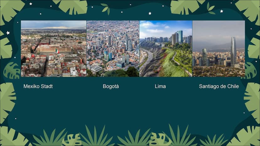 
<h2 id="allgemeines">Allgemeines</h2>
<p>Die lateinamerikanischen Städte wie Mexiko Stadt, Bogotà, Lima oder Santiago de Chile befinden sic