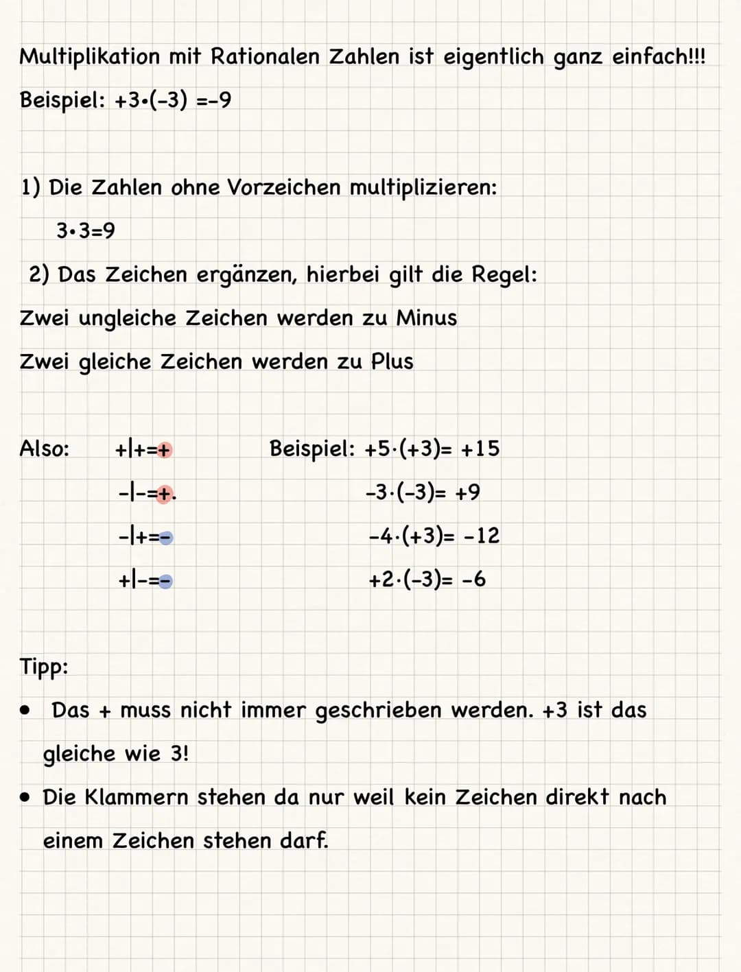 Multiplikation mit Rationalen Zahlen ist eigentlich ganz einfach!!!
Beispiel: +3.(-3) =-9
1) Die Zahlen ohne Vorzeichen multiplizieren:
3.3=