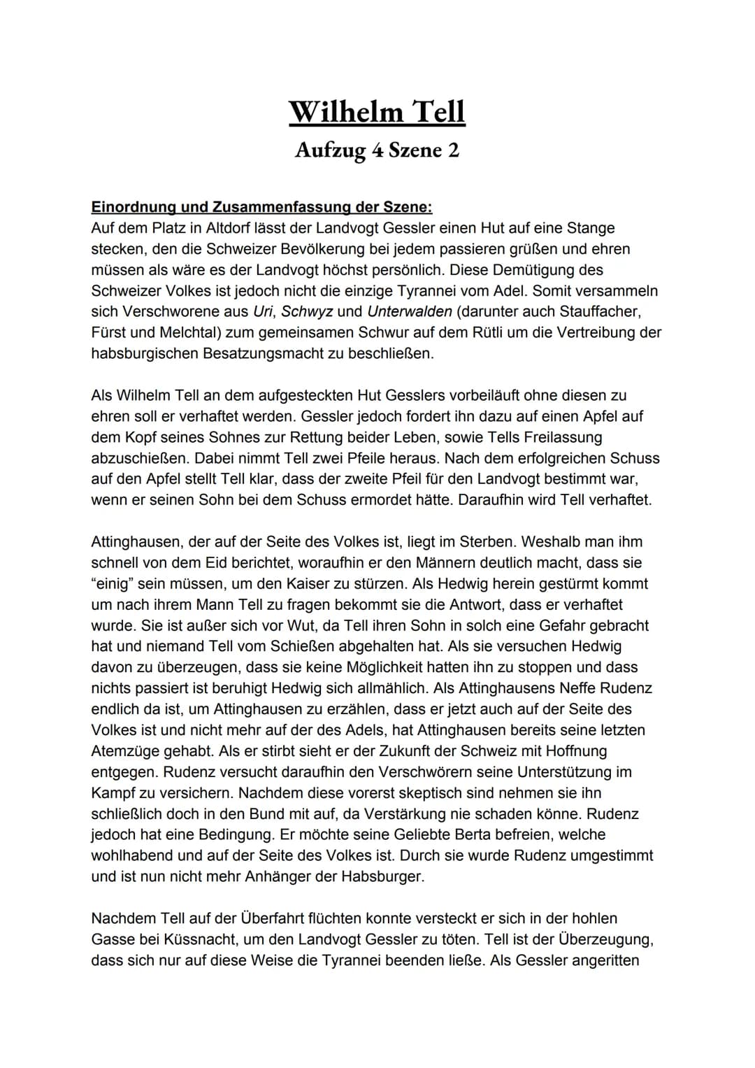 Wilhelm Tell
Aufzug 4 Szene 2
Einordnung und Zusammenfassung der Szene:
Auf dem Platz in Altdorf lässt der Landvogt Gessler einen Hut auf ei