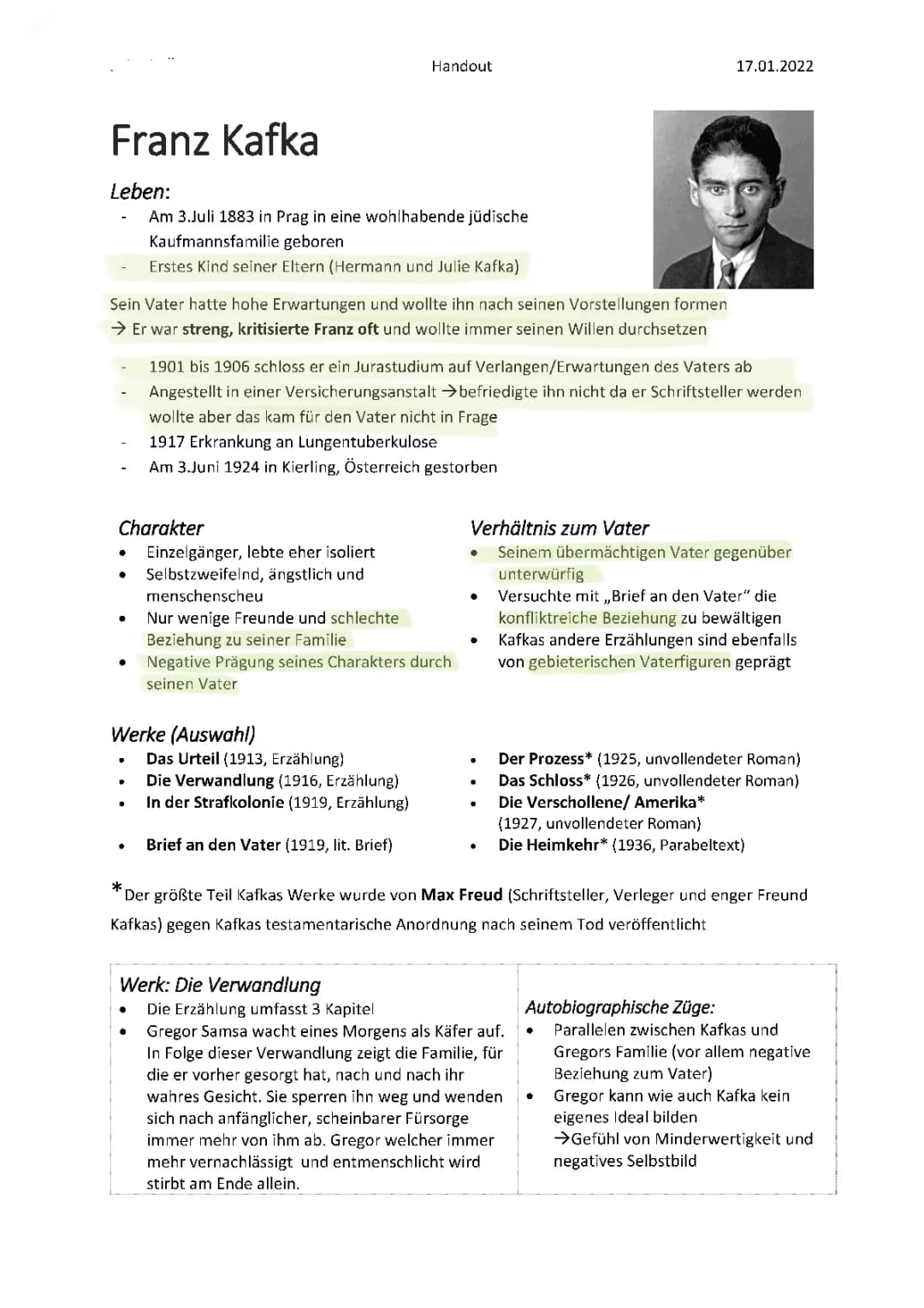 Franz Kafka Handout mit “Heimkehr” Interpretation