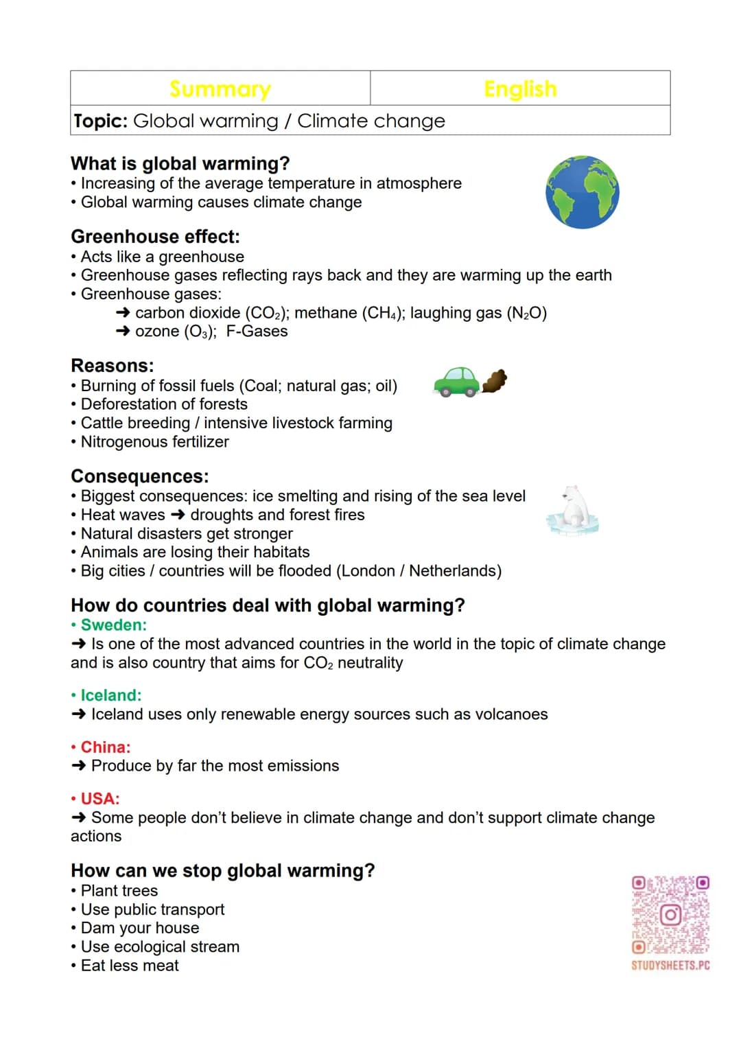 Summary
Topic: Global warming / Climate change
What is global warming?
• Increasing of the average temperature in atmosphere
• Global warmin