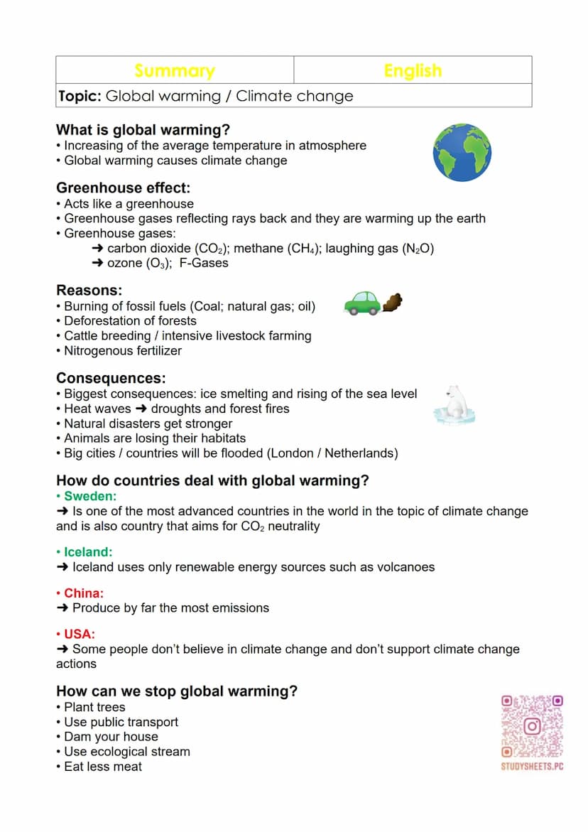 Summary
Topic: Global warming / Climate change
What is global warming?
• Increasing of the average temperature in atmosphere
• Global warmin