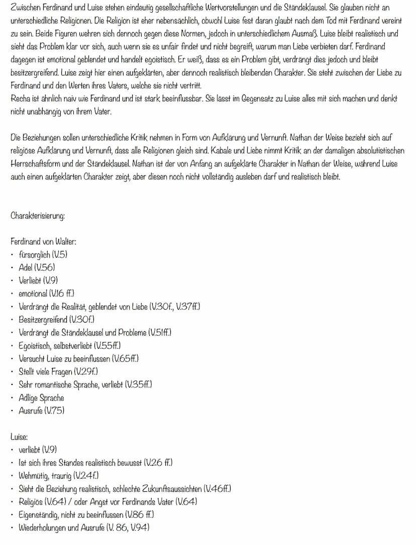 Liebesbeziehung in Kabale und Liebe im Vergleich zu Nathan der Weise
Im Folgenden ist die Liebesbeziehung zwischen Luise und Ferdinand aus d