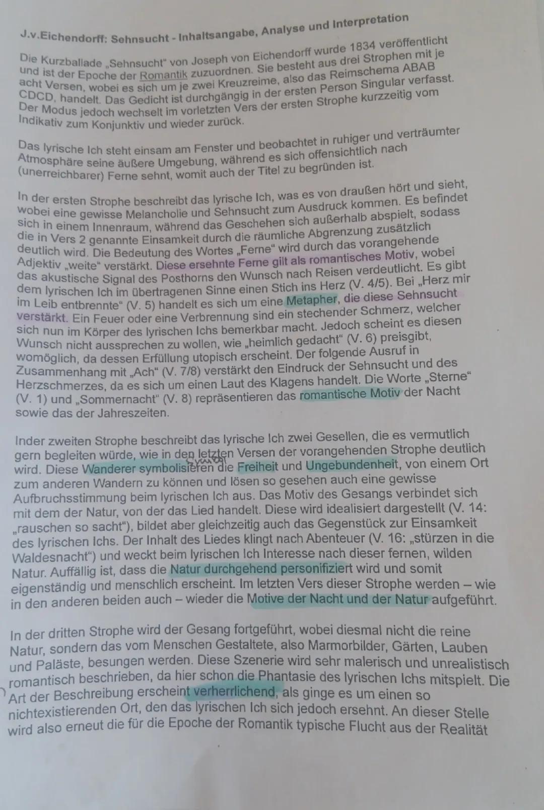 J.v.Eichendorff: Sehnsucht (Inhaltsangabe, Analyse und Interpretation)