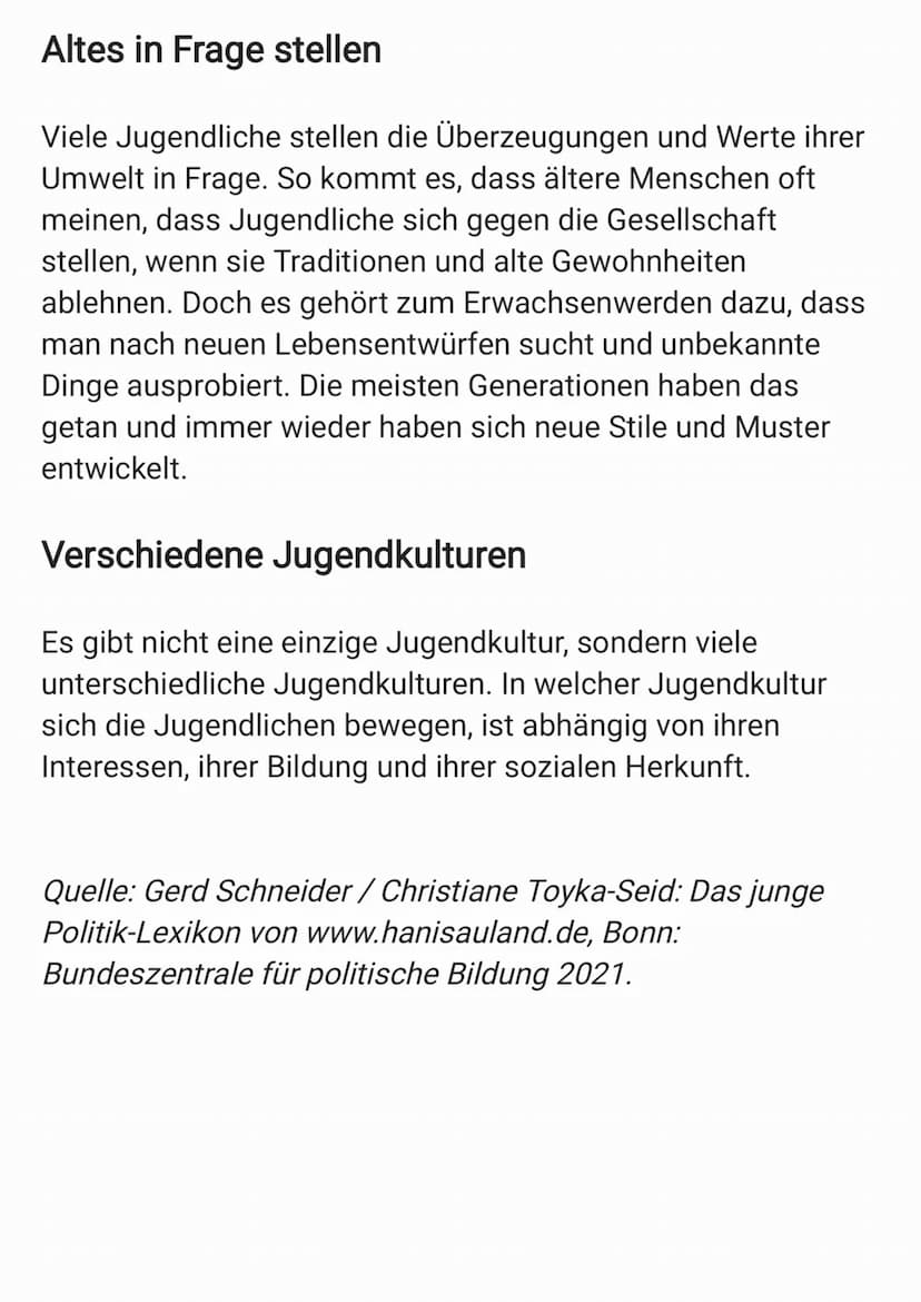 Den eigenen Weg finden
Mit dem Begriff „Jugendkultur“ bezeichnet man
Lebensvorstellungen und Lebensstile von jungen Menschen,
die den Wunsch