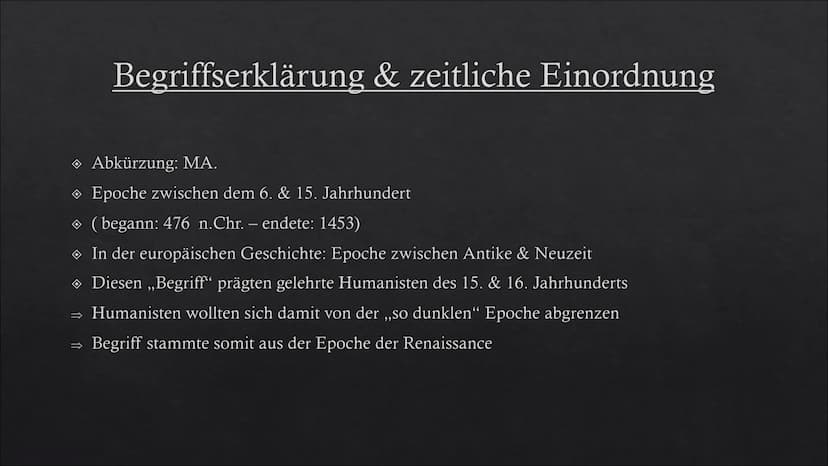 
<p>Das Mittelalter ist eine Epoche zwischen dem 6. und 15. Jahrhundert, die in der europäischen Geschichte zwischen Antike und Neuzeit lieg