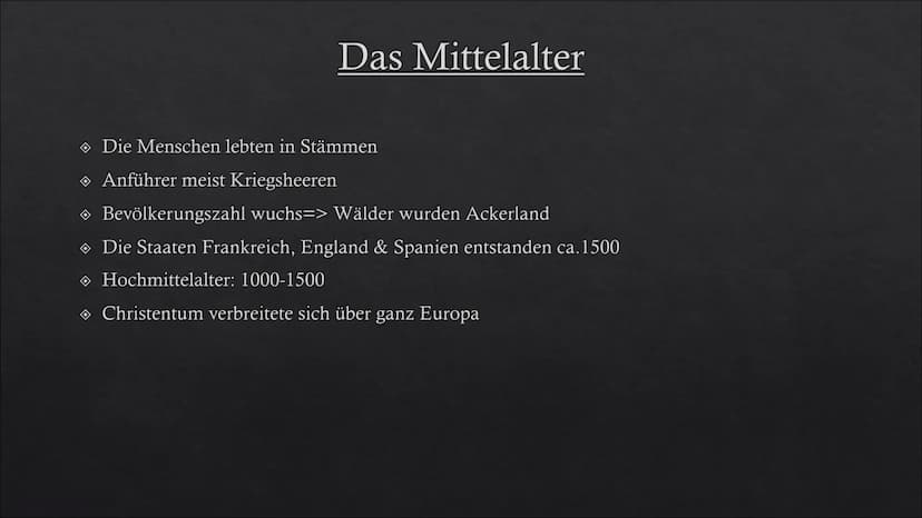 
<p>Das Mittelalter ist eine Epoche zwischen dem 6. und 15. Jahrhundert, die in der europäischen Geschichte zwischen Antike und Neuzeit lieg
